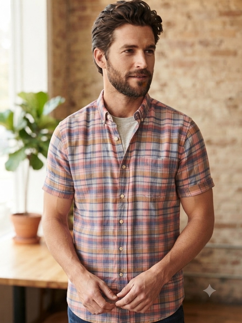 J. Crew Short-Sleeve Linen Blend Slim Fit Plaid Button-Down Shirt in Pink & Blue